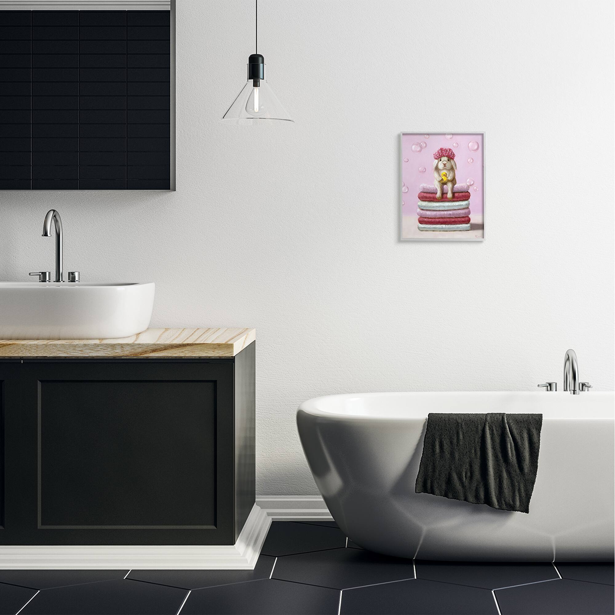 Stupell Industries Cute Baby Rabbit on Bath Towels Soap Bubbles in Gray Frame Wall Art